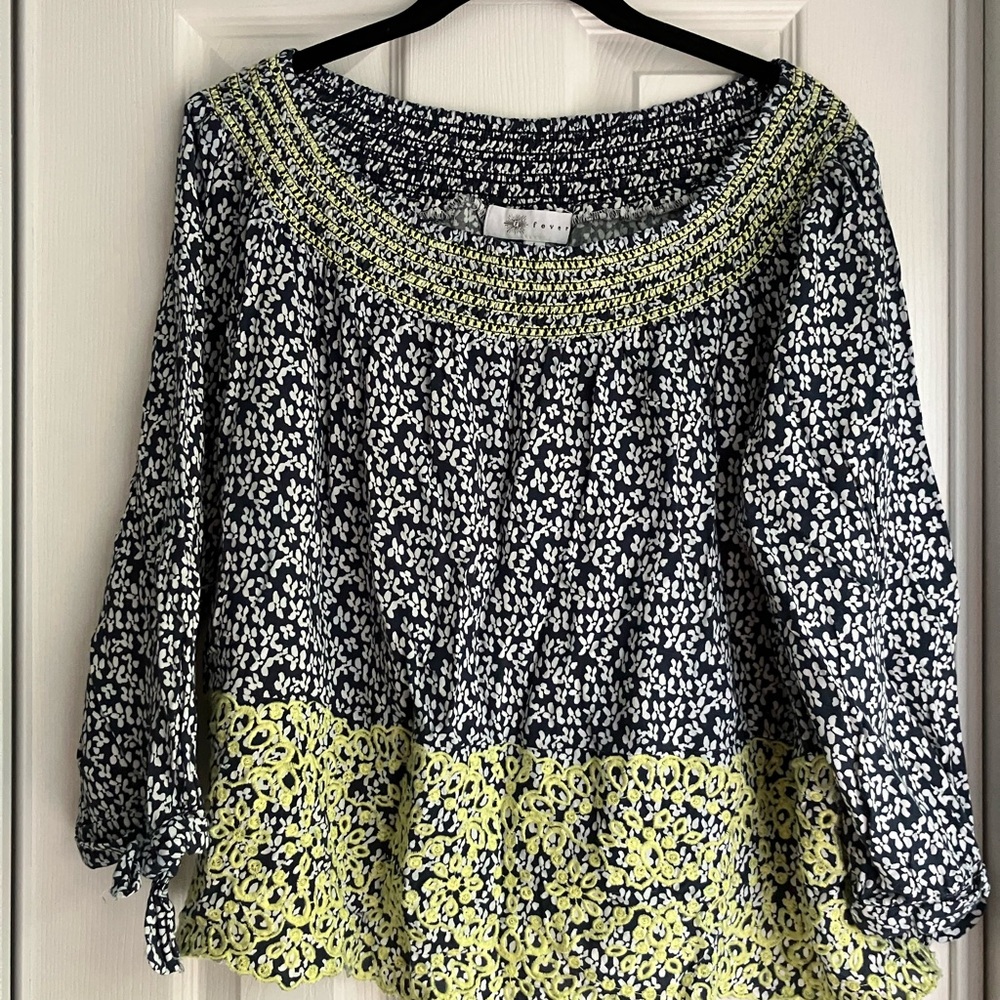 Fever chic boho peasant top blouse smocked floral embroidery on off shoulder L